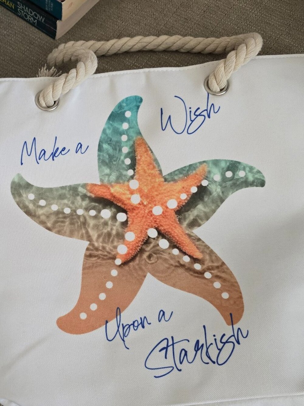 Canvas tote features a coastal "Make a Wish" starfish design NWT
